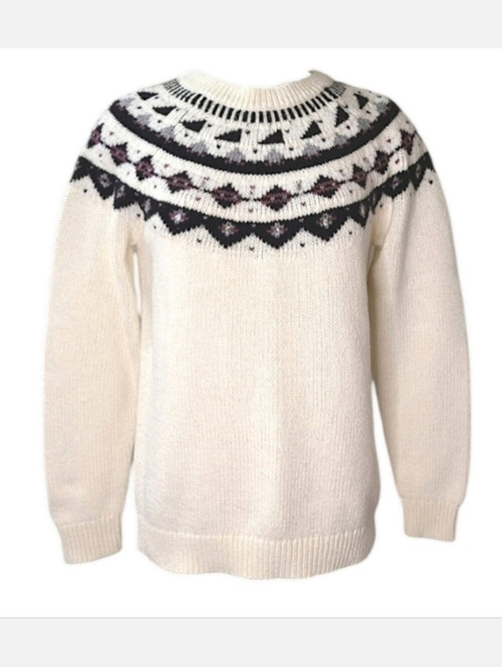 Loft Vintage Fair Isle Crewneck Sweater Rhinestone Detail Cream/Black Sz M